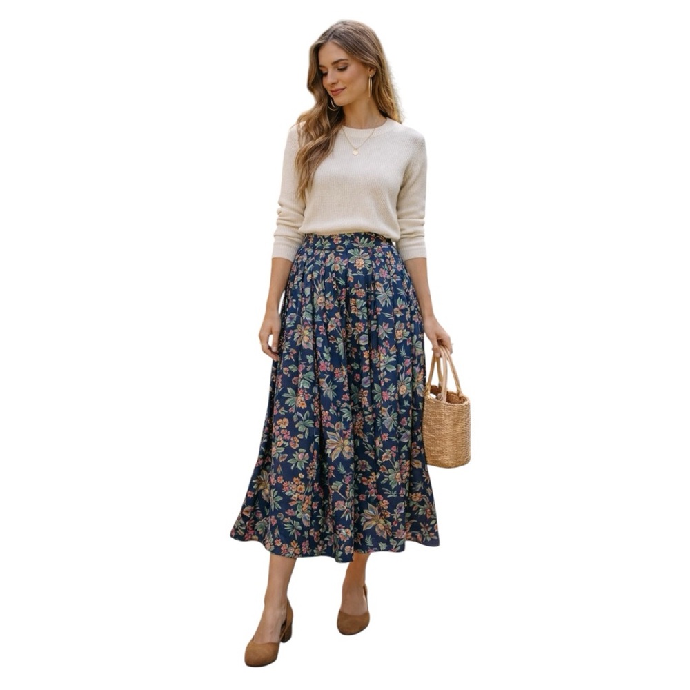 Herman Geist Floral Midi Skirt Size 10 Cottage Navy Floral Pleats Preppy Classic